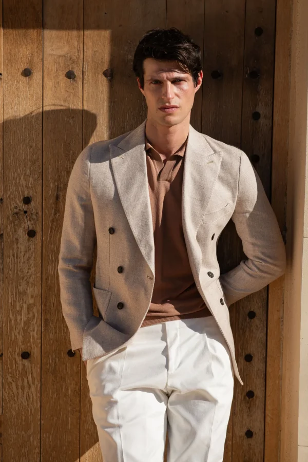Beige double breasted linen cotton and silk jacket - Made in Italy
