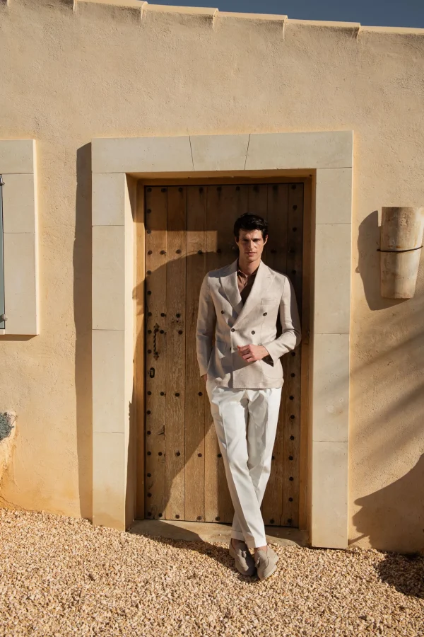 Beige double breasted linen cotton and silk jacket - Made in Italy