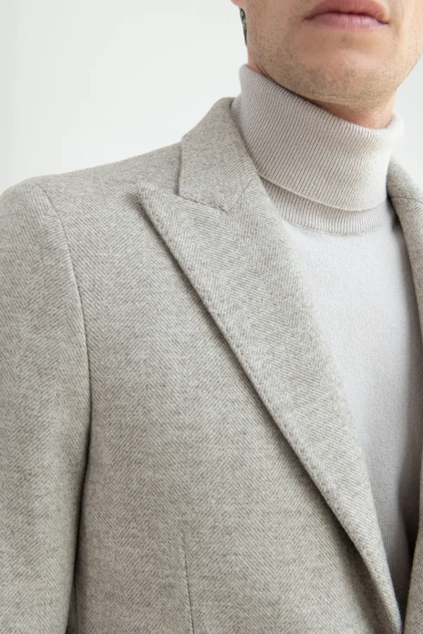 Beige herringbone peak lapel coat – Made in Italy