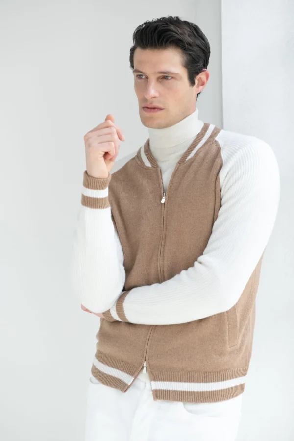 Beige knitted college bomber - Made in Italy