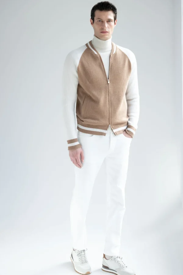 Beige knitted college bomber - Made in Italy