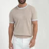 Beige striped collar detail knitted t-shirt - Made in Italy