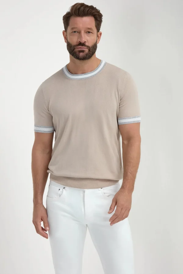 Beige striped collar detail knitted t-shirt - Made in Italy