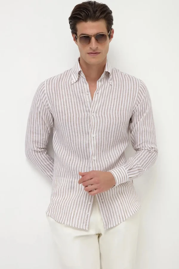 Beige striped linen button down shirt - Made in Italy