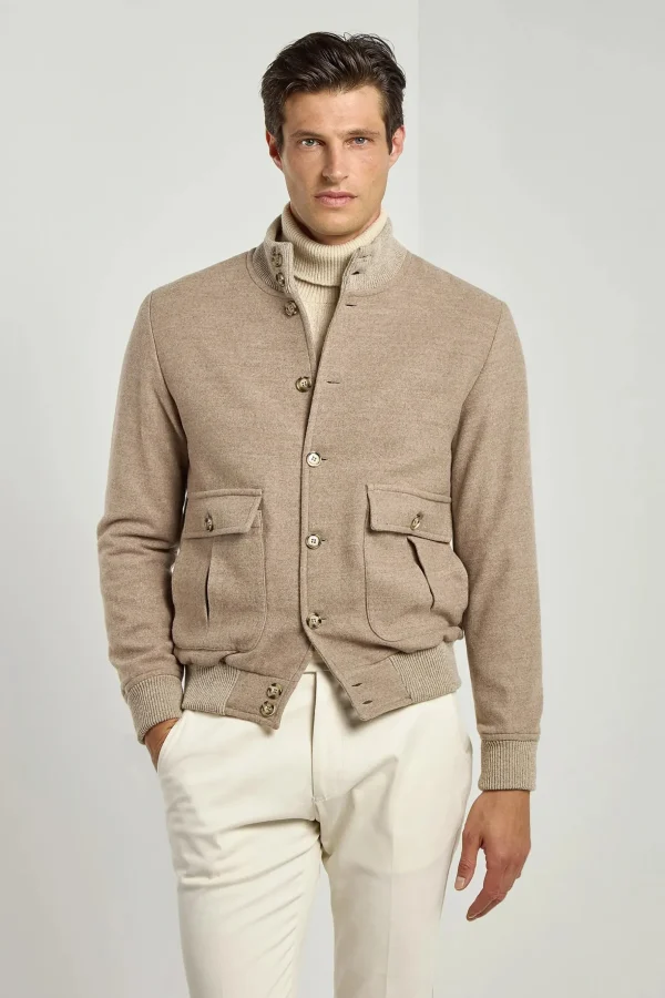 Beige Super 180's wool flannel bomber jacket – Made in Italy