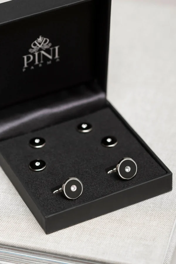 Black cufflinks and dress studs set with Swarovski detail - Made in Italy