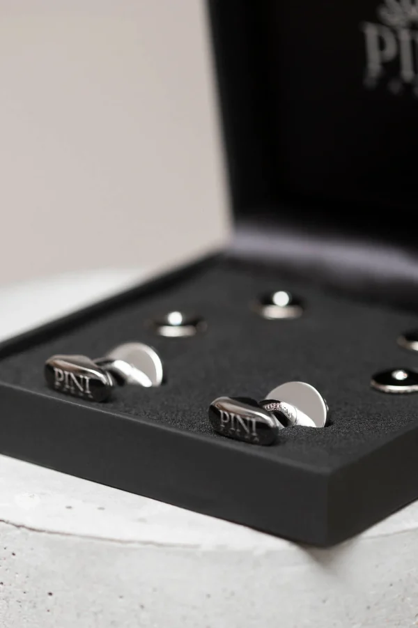 Black cufflinks and dress studs set with Swarovski detail - Made in Italy