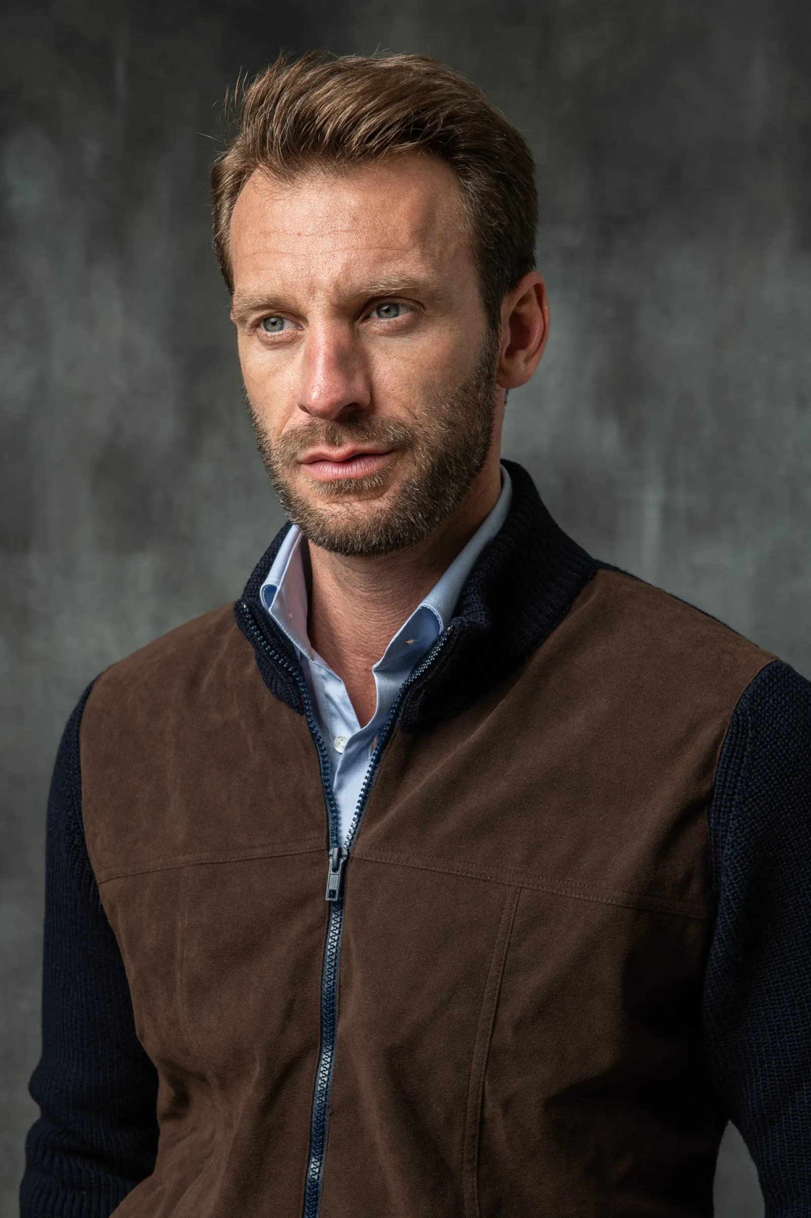 blue_and_brown_cardigan___0.webp Blue and brown cardigan - Alcantara & wool - Made in Italy