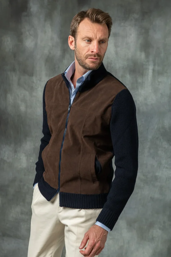 Blue and brown cardigan - Alcantara & wool - Made in Italy