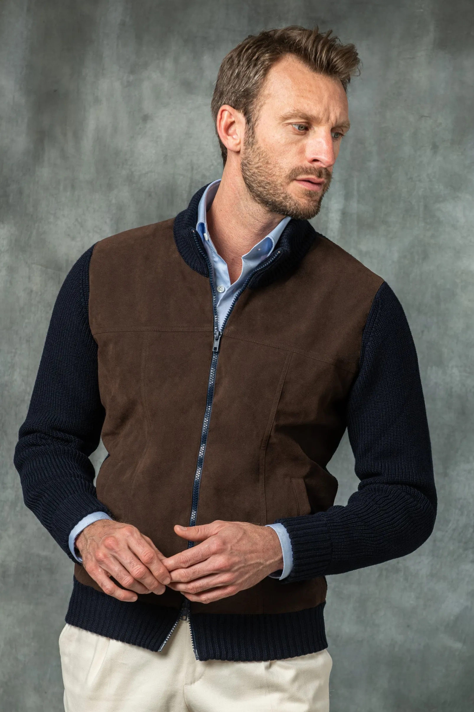 blue_and_brown_cardigan___3.webp Blue and brown cardigan - Alcantara & wool - Made in Italy