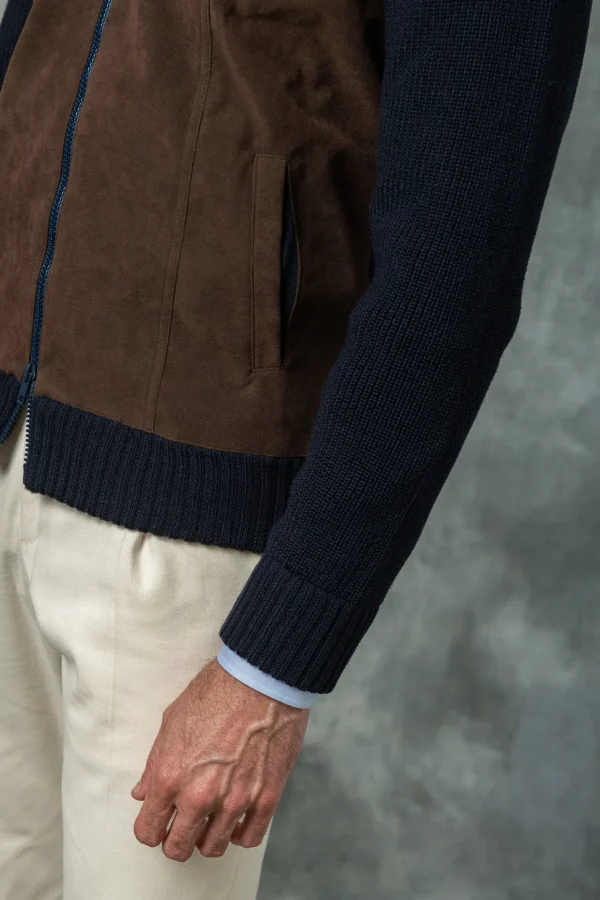 Blue and brown cardigan - Alcantara & wool - Made in Italy