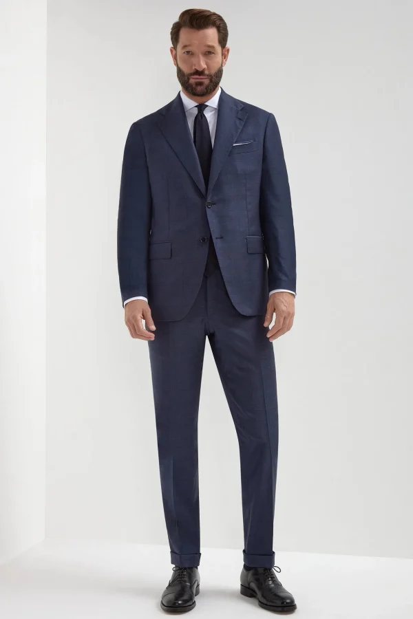 Blue Avio Prince of Wales Full Canvas suit - Made in Italy