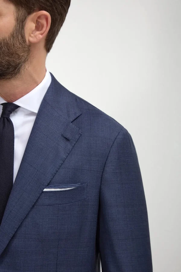 Blue Avio Prince of Wales Full Canvas suit - Made in Italy