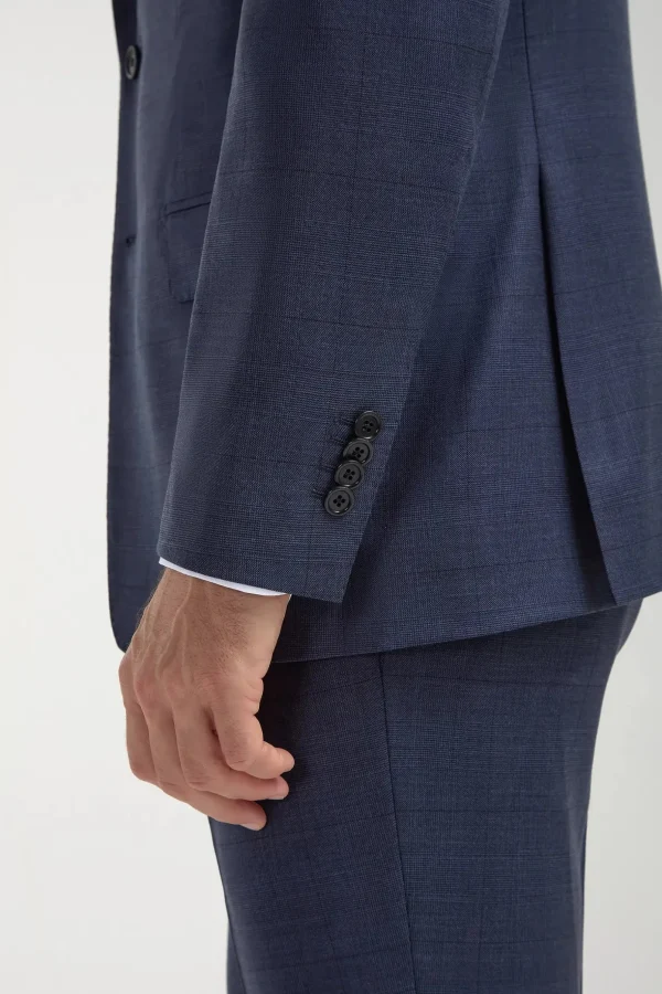 Blue Avio Prince of Wales Full Canvas suit - Made in Italy