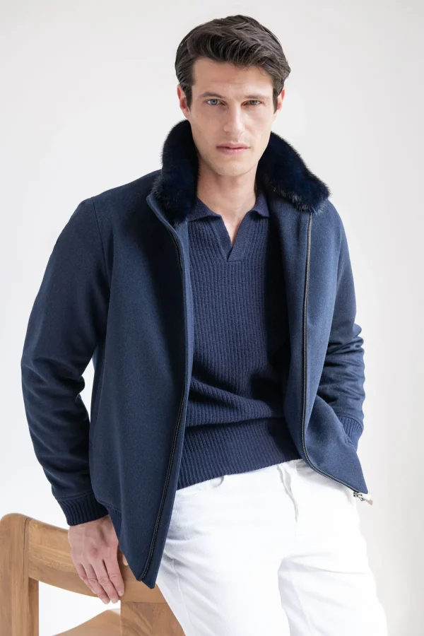 Blue bomber with removable mink collar – Made in Italy
