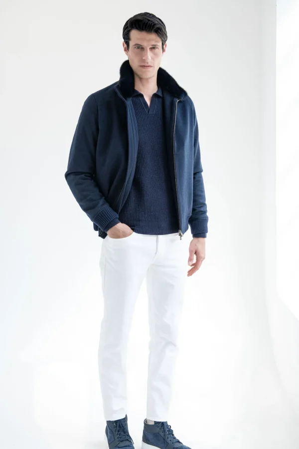 Blue bomber with removable mink collar – Made in Italy