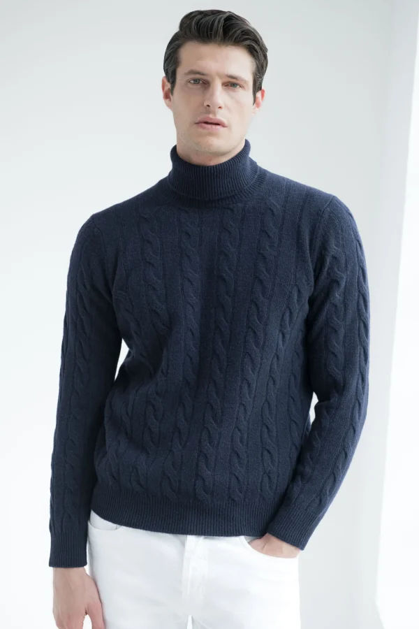 Blue cable knit turtleneck – Made in Italy