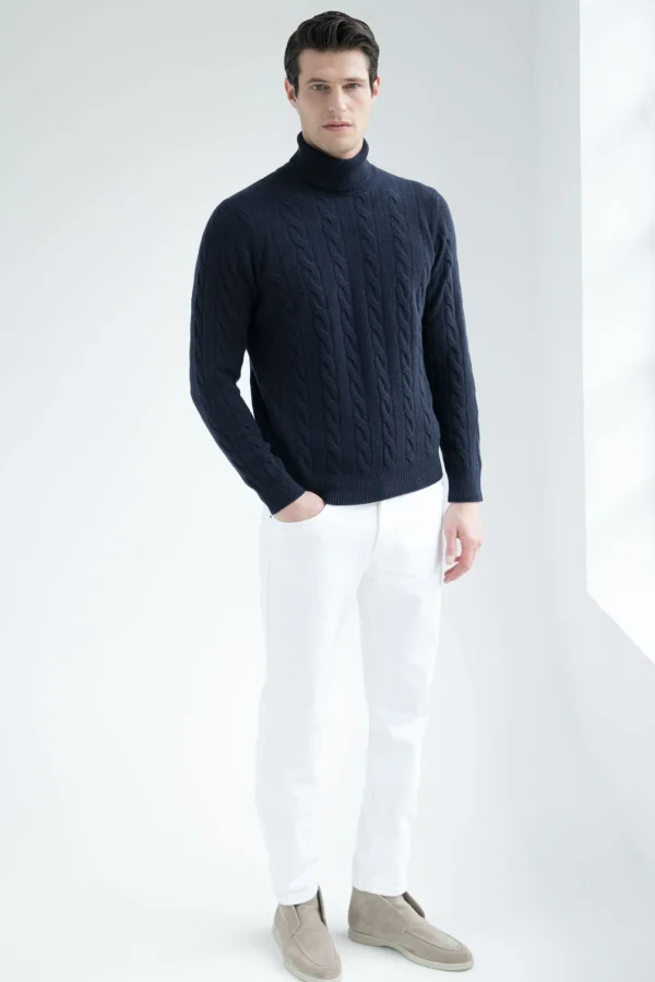 Blue cable knit turtleneck – Made in Italy