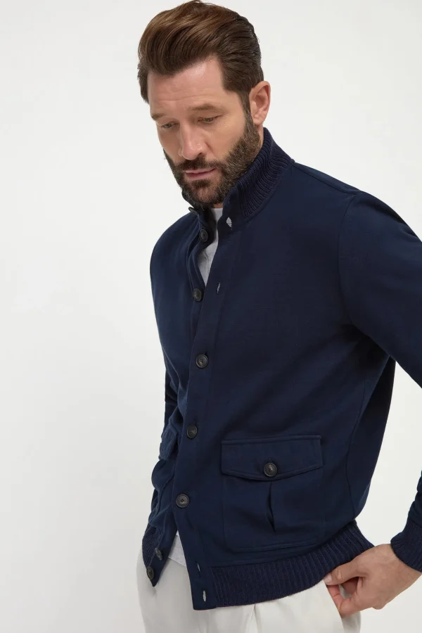 Blue cotton knitted bomber – Made in Italy