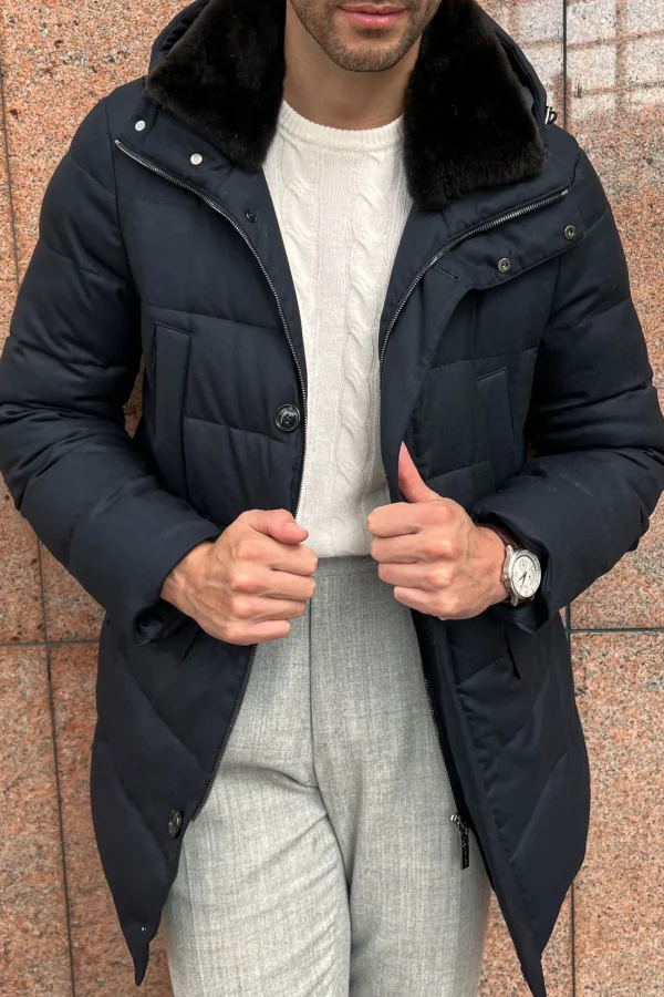 Blue down coat with removable shearling collar – Made in Italy