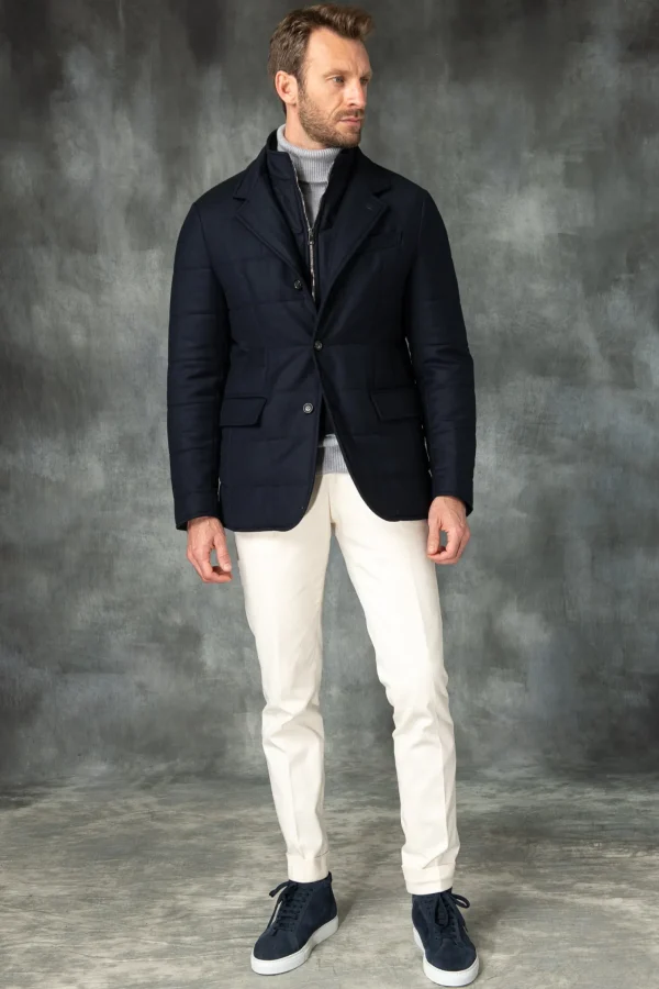 Blue down jacket in wool & cashmere – Made in Italy