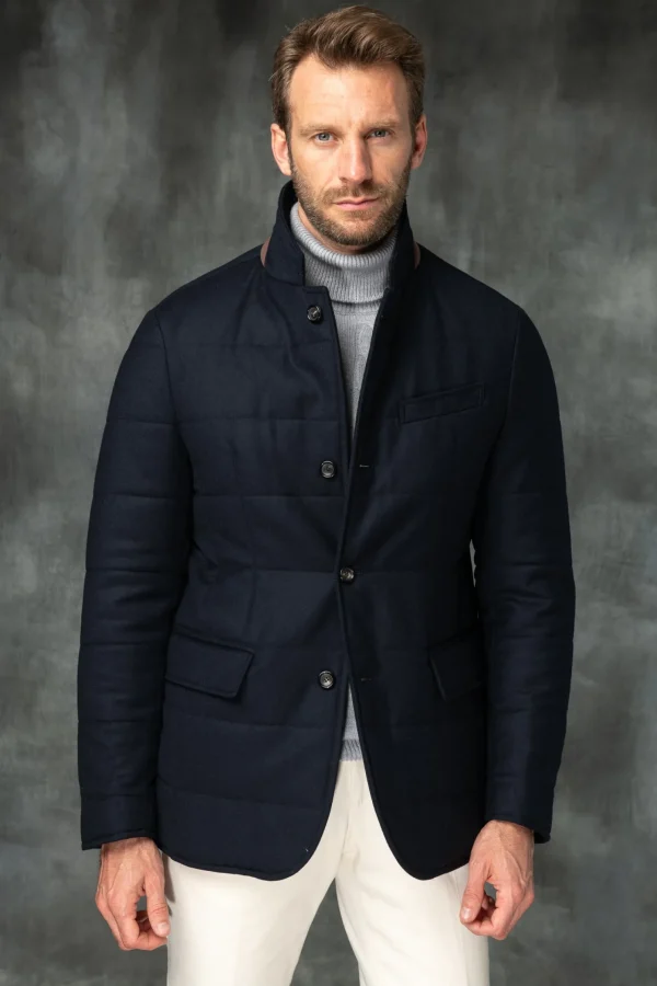 Blue down jacket in wool & cashmere – Made in Italy