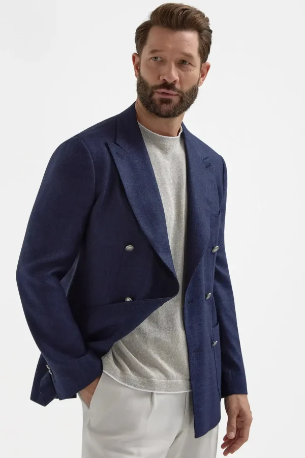 Blue herringbone double breasted jacket - Made in Italy