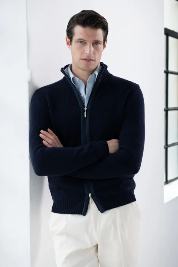 Blue honeycomb cashmere blend full zip – Made in Italy