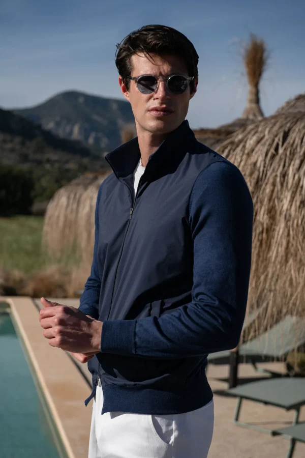 Blue knit & nylon bomber jacket – Made in Italy