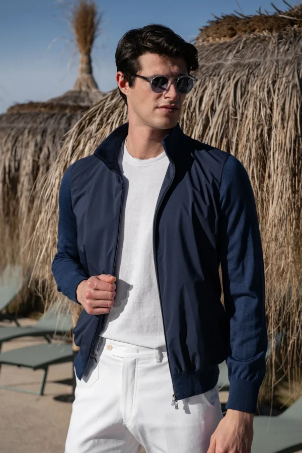 Blue knit & nylon bomber jacket – Made in Italy
