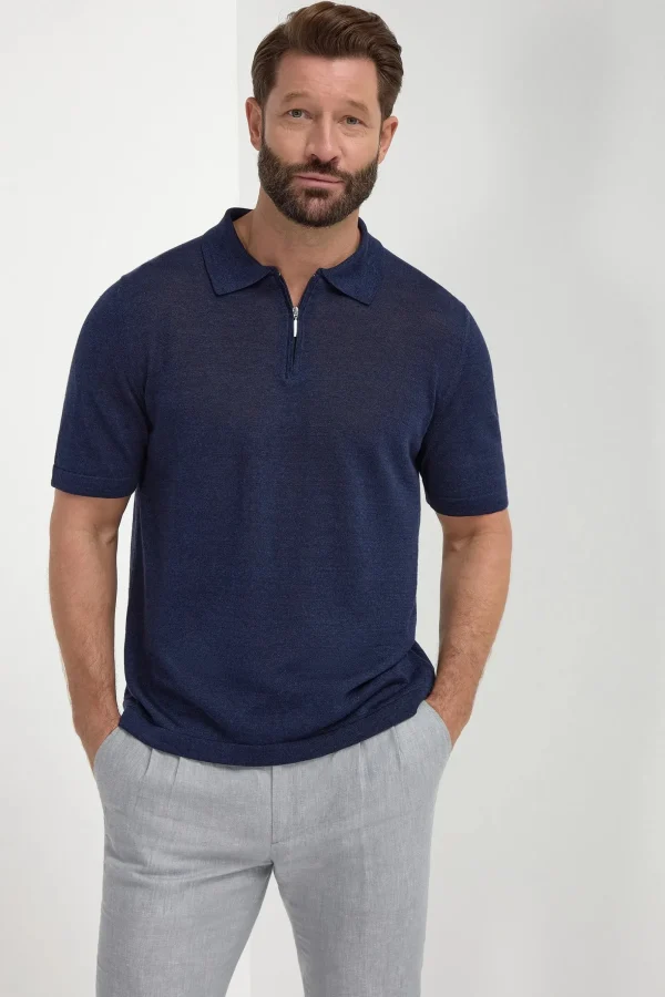 Blue linen and cotton zipped polo - Made in Italy