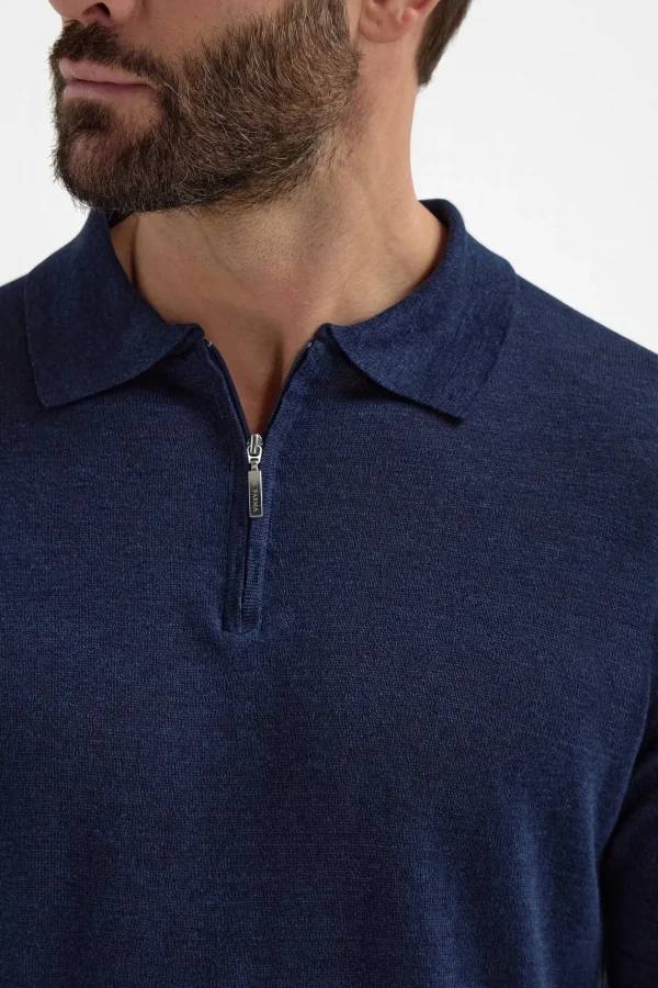 Blue linen and cotton zipped polo - Made in Italy