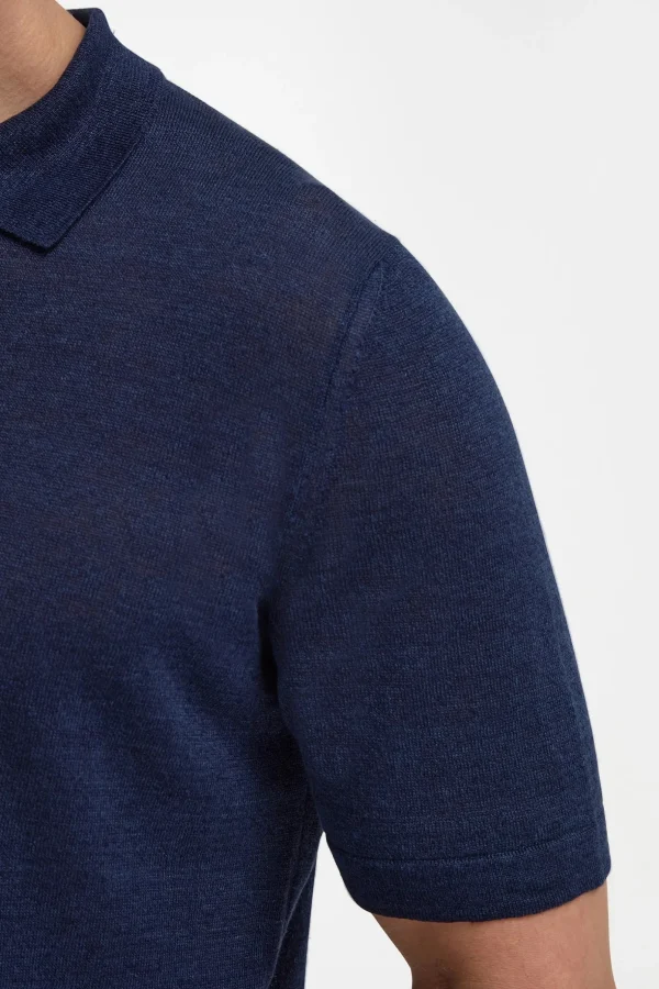 Blue linen and cotton zipped polo - Made in Italy