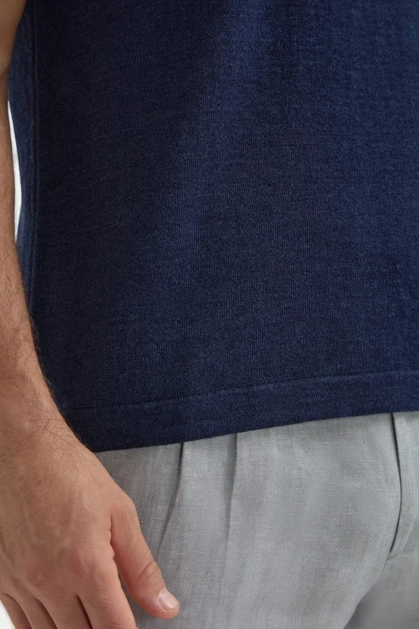 Blue linen and cotton zipped polo - Made in Italy