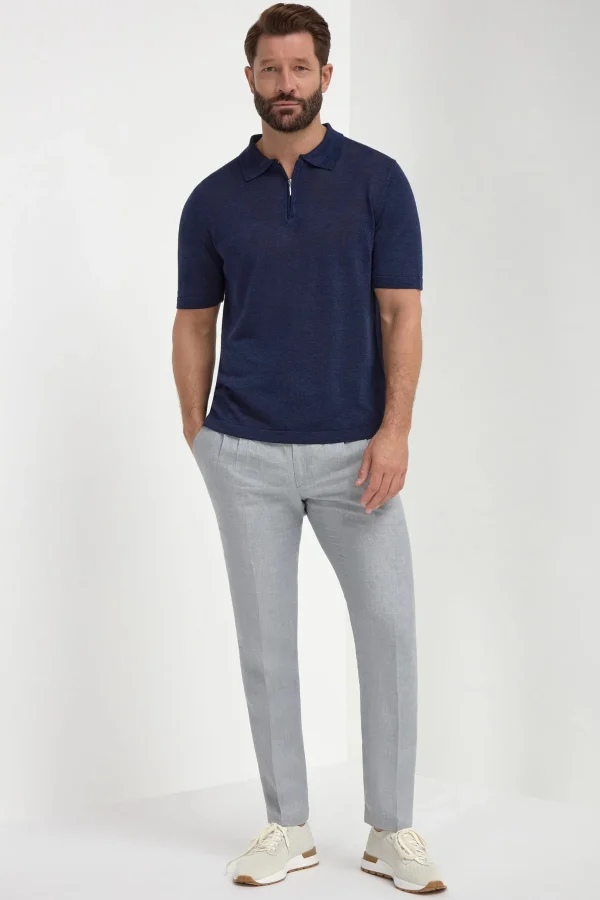 Blue linen and cotton zipped polo - Made in Italy