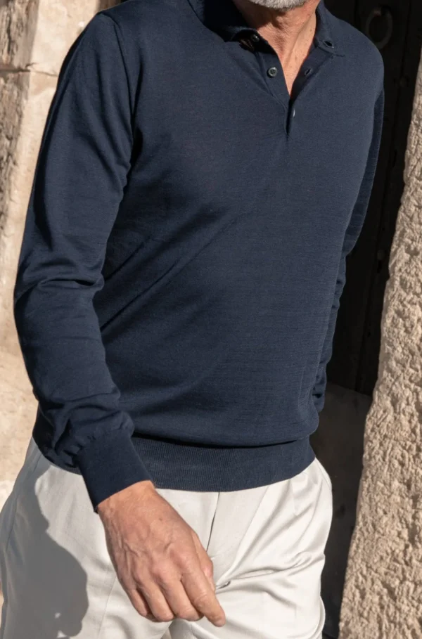 Blue Long Sleeve Cotton Polo - Made in Italy