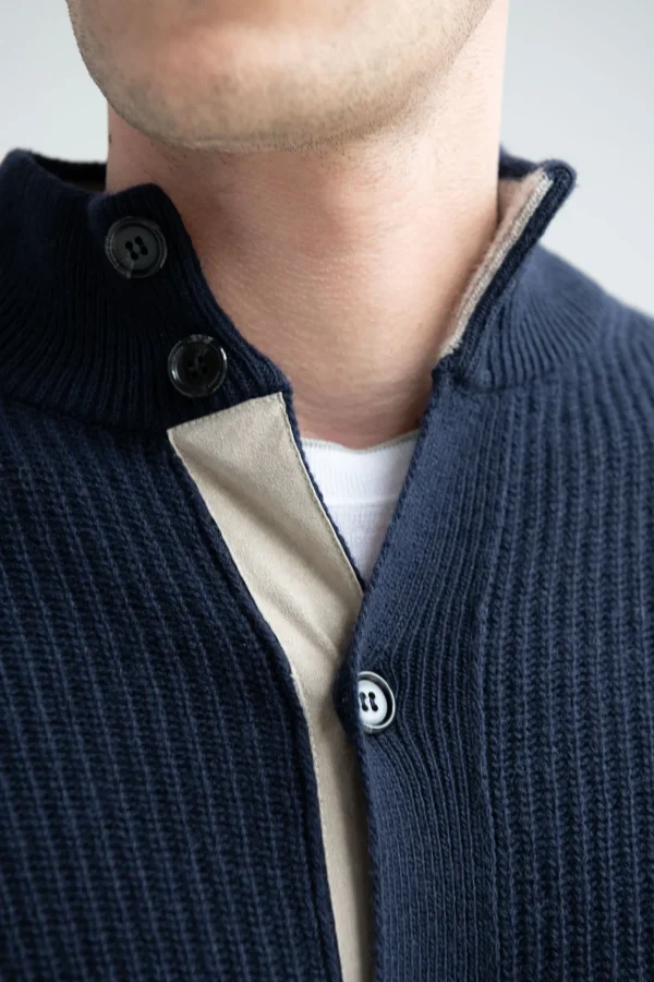 Blue ribbed cashmere blend cardigan – Made in Italy