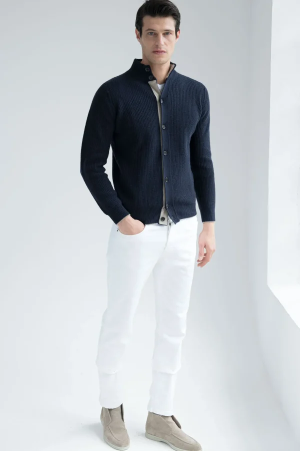 Blue ribbed cashmere blend cardigan – Made in Italy