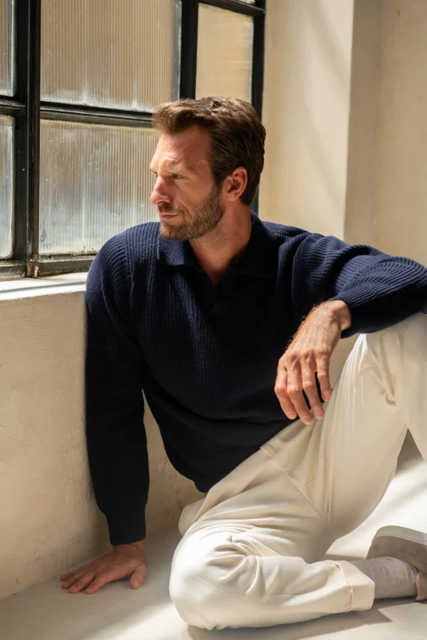Blue ribbed cashmere blend polo – Made in Italy