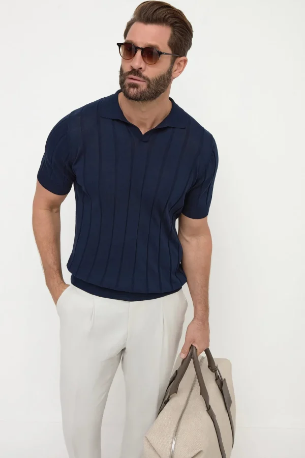 Blue ribbed polo - Made in Italy