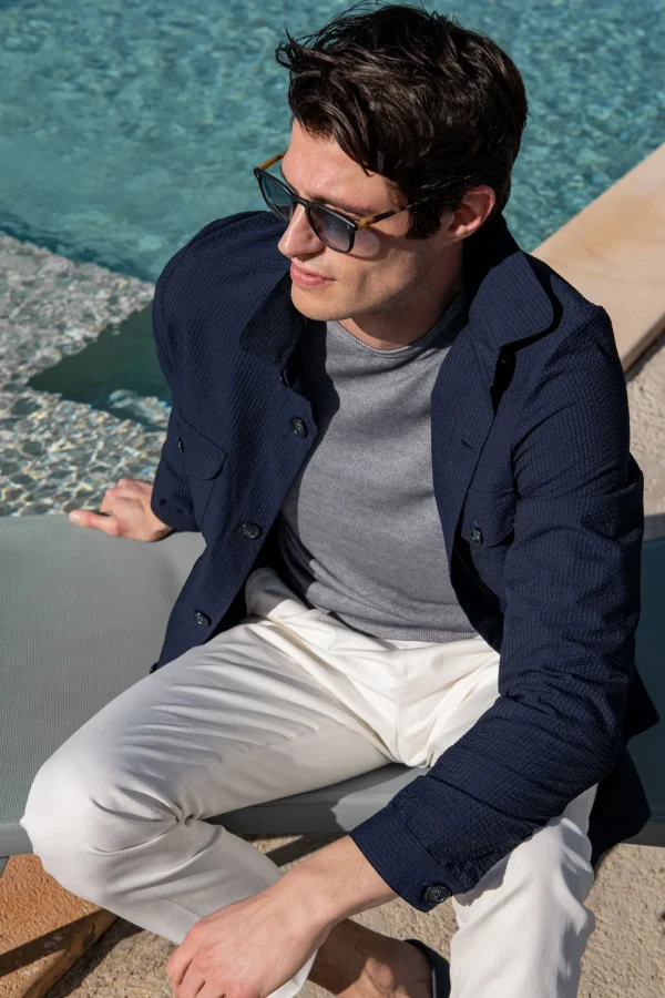 Blue Safari Jacket in seersucker – Made in Italy
