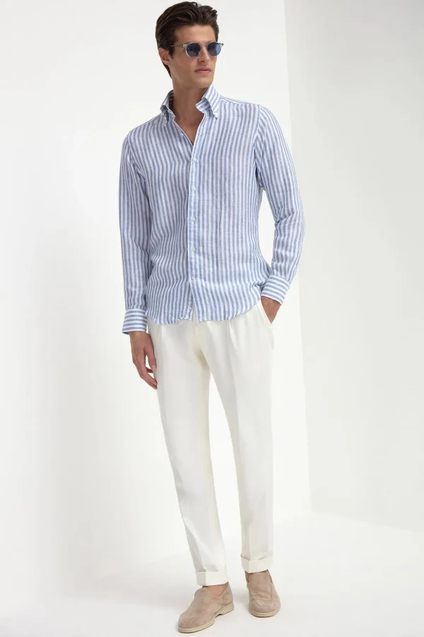 Blue striped linen button down shirt - Made in Italy