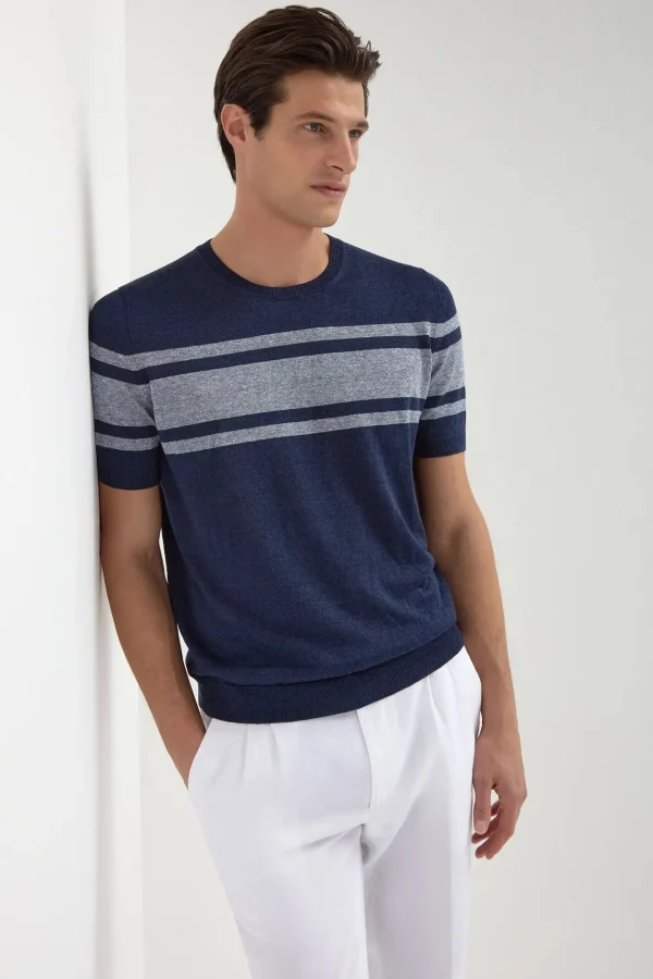 Blue striped linen t-shirt - Made in Italy
