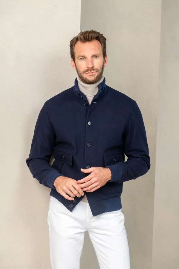 Blue Super 180's wool flannel bomber jacket – Made in Italy