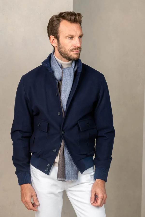 Blue Super 180's wool flannel bomber jacket – Made in Italy