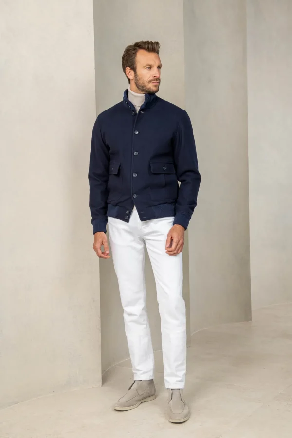 Blue Super 180's wool flannel bomber jacket – Made in Italy