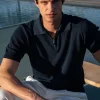 Blue textured knit polo with zip - Made in Italy