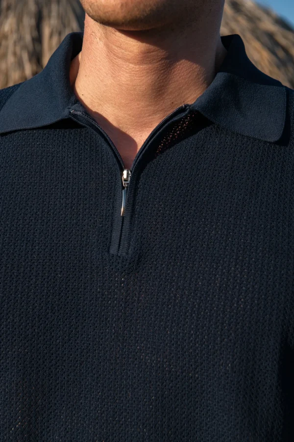 Blue textured knit polo with zip - Made in Italy
