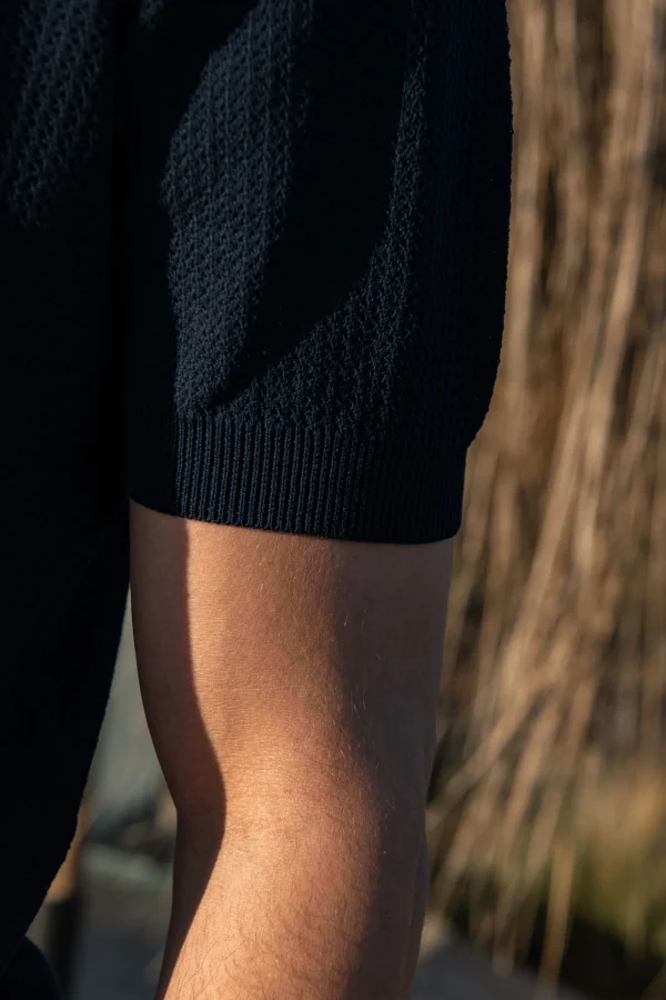 Blue textured knit polo with zip - Made in Italy