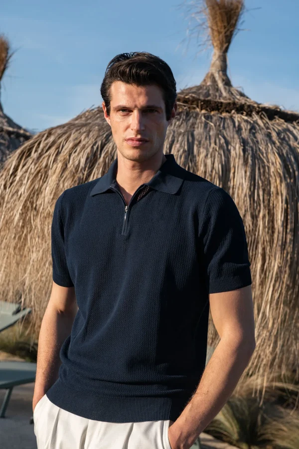 Blue textured knit polo with zip - Made in Italy
